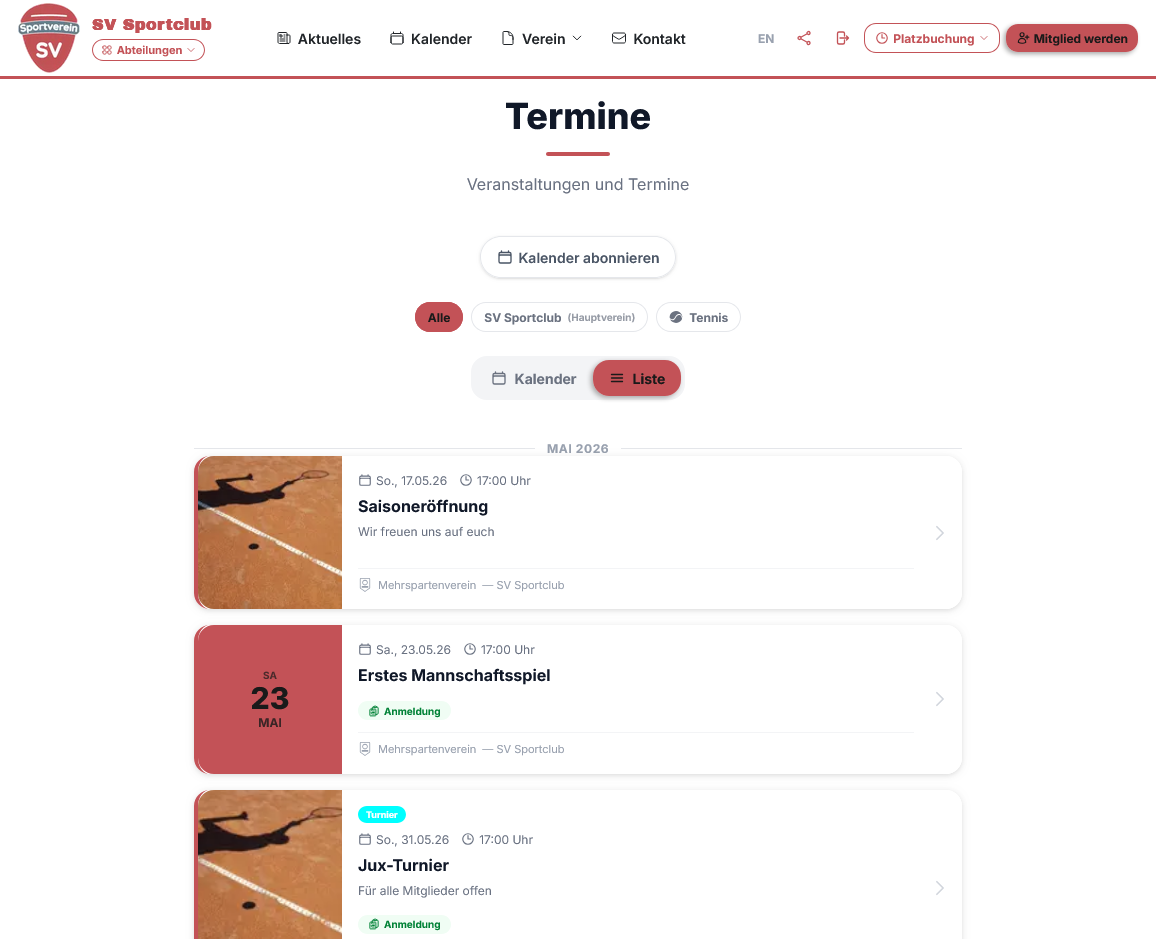Beispiel: Termine-Seite eines Vereinsprofils