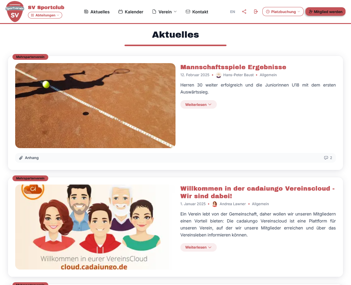 Beispiel: Aktuelles-Seite eines Vereinsprofils